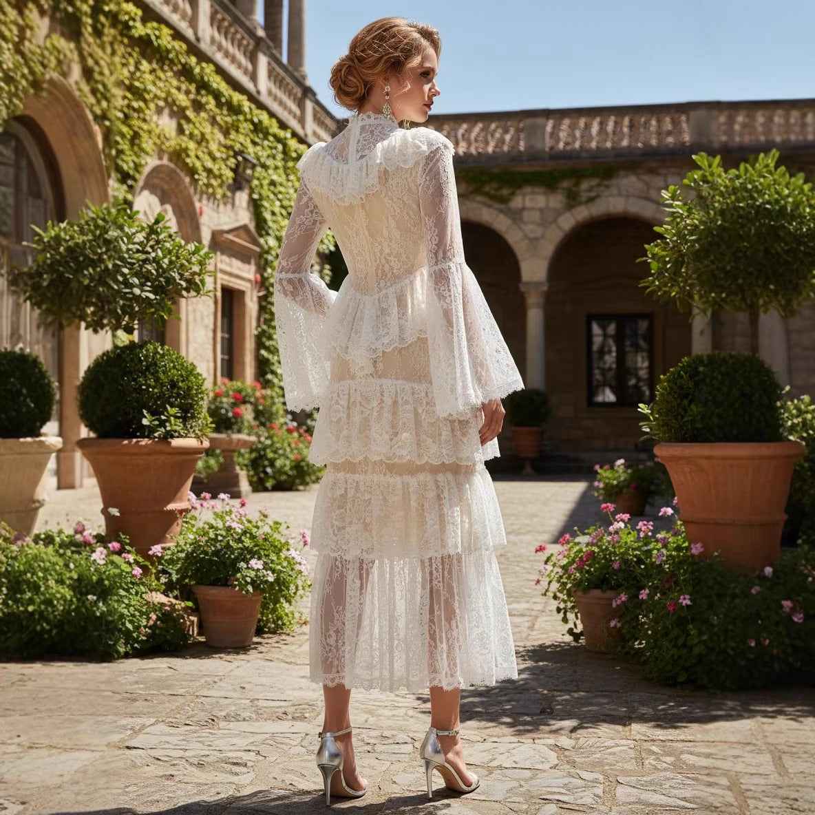 Stand-collar Embroidered Ruffled Maxi Dress - VEX CLUB HOUSE
