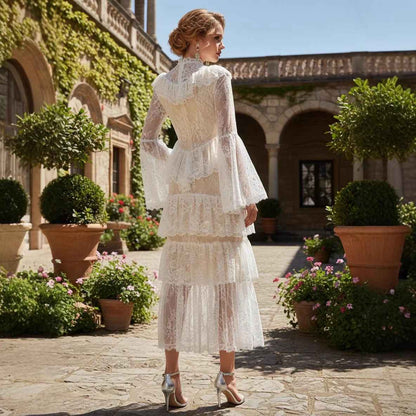 Stand-collar Embroidered Ruffled Maxi Dress - VEX CLUB HOUSE