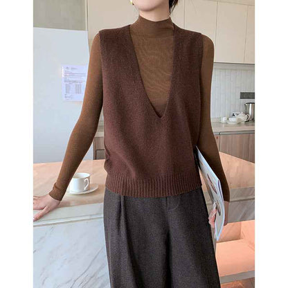 Elegant Deep V-neck Pure Wool Versatile Layered Knit Vest - VEX CLUB HOUSE