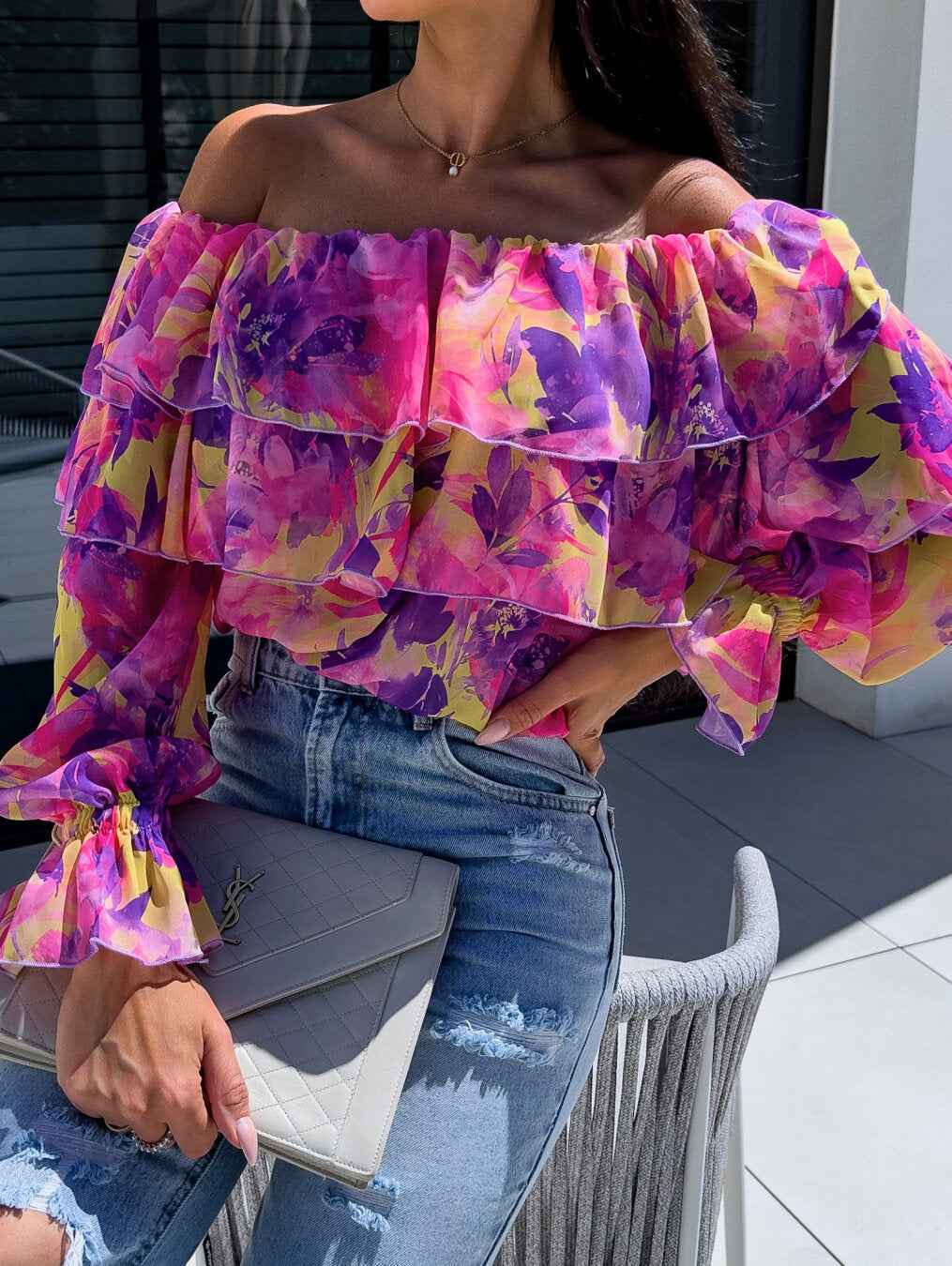 Fashionable Off-shoulder Print Blouse With A Boat Neckline - VEX CLUB HOUSE
