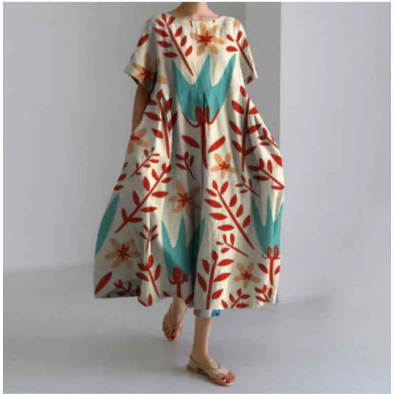 Women's Loose Round Neck Fashion Premium Short Sleeve Printed Dress - VEX CLUB HOUSE