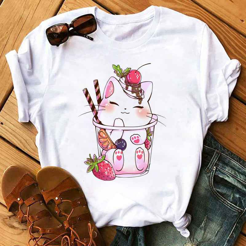 New Cute Milk Tea Print Short Sleeve Women - VEX CLUB HOUSE