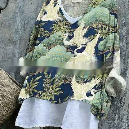 Womens Embroidered Loose Linen Top With Long Sleeves - VEX CLUB HOUSE