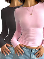 2 Packs of Elegant Solid Color Crew Neck Slim Fit Long Sleeve T-Shirts for Women V E X C L U B H O U S E