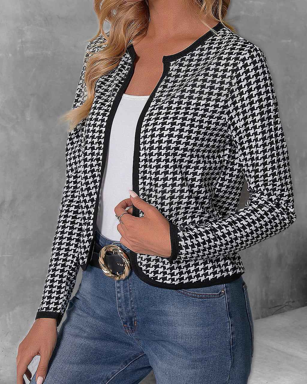 Casual Cardigan Long Sleeve Houndstooth Short Women's Coat - VEX CLUB HOUSE