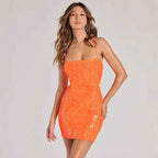 Fashionable And Sexy Sequin-strapped Orange Bodycon Mini Skirt For Women - VEX CLUB HOUSE