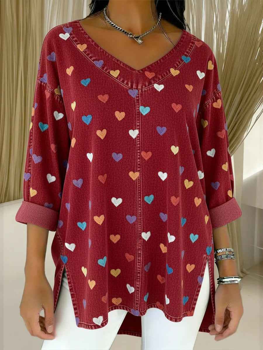 Retro Botanical Print Relaxed-fit Long-sleeve Casual Top - VEX CLUB HOUSE