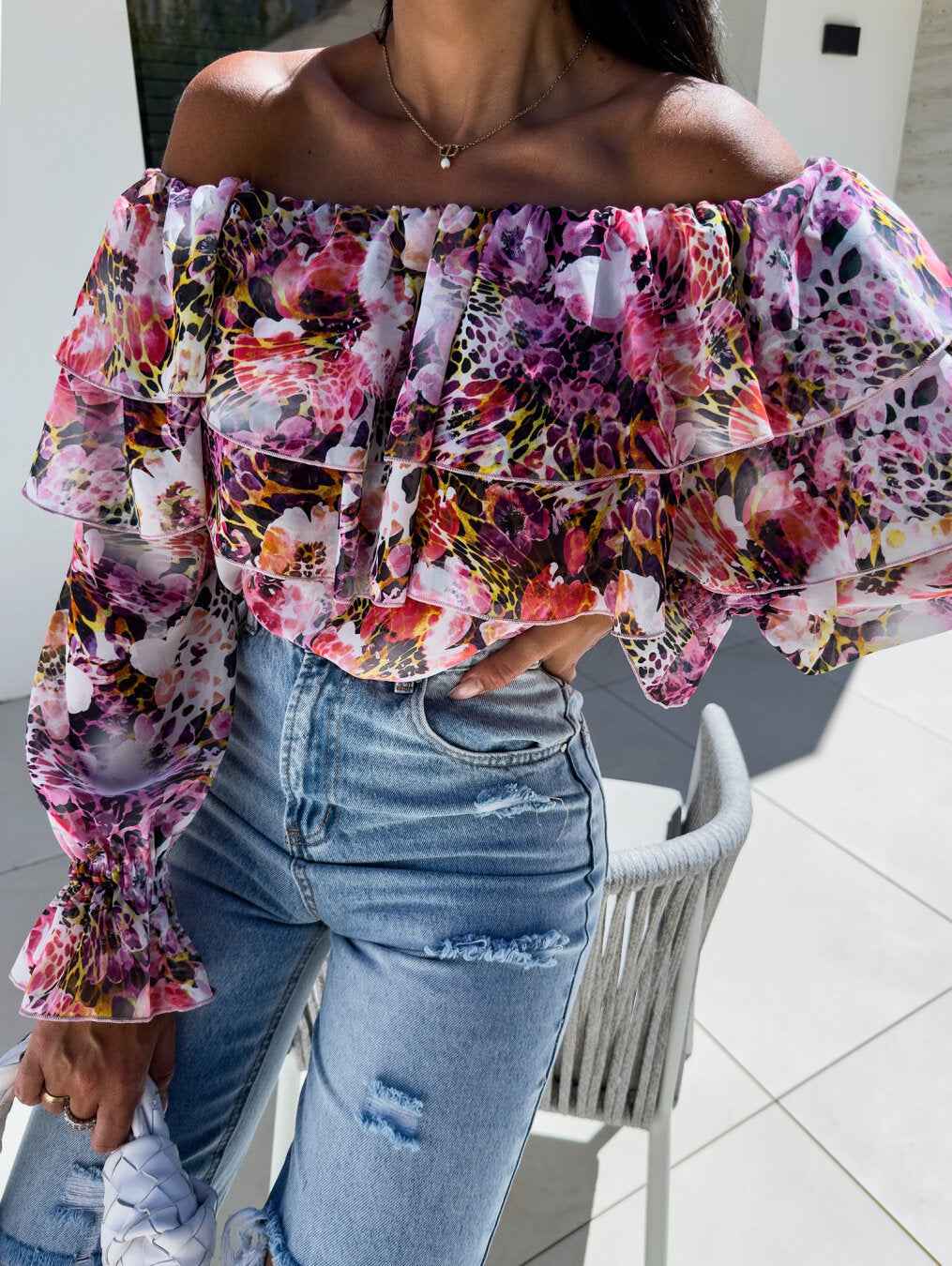 Fashionable Off-shoulder Print Blouse With A Boat Neckline - VEX CLUB HOUSE