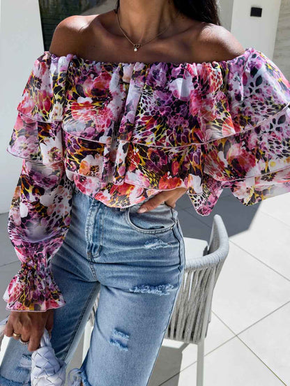 Fashionable Off-shoulder Print Blouse With A Boat Neckline - VEX CLUB HOUSE