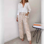 Women's Casual Long-sleeved Lapel Shirt Printed Wide-leg Pants Suit - VEX CLUB HOUSE