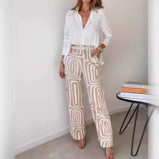 Women's Casual Long-sleeved Lapel Shirt Printed Wide-leg Pants Suit - VEX CLUB HOUSE