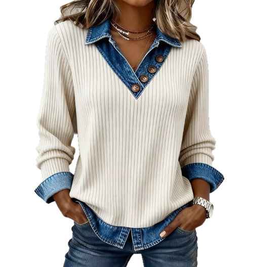 Womens Denim-Trim Patchwork Mock Two-Piece V-Neck Long-Sleeve Casual Top - VEX CLUB HOUSE