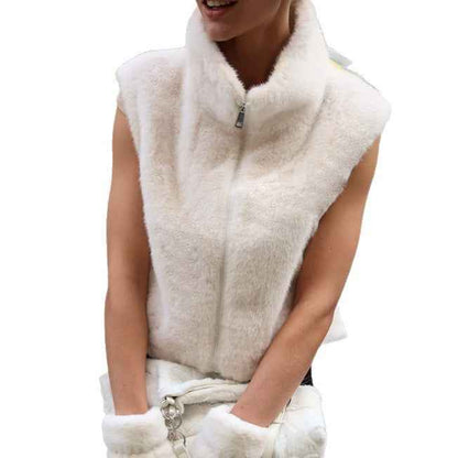 Faux Fur Stand Collar Sleeveless Top Cardigan Solid Color Zipper Vest Women's Vest - VEX CLUB HOUSE