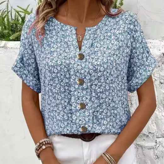 Womens Casual Plant-Print Jacquard Collar Short-Sleeve T-Shirt - VEX CLUB HOUSE