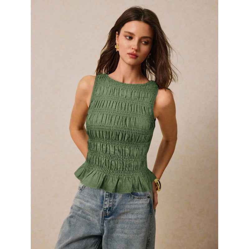 Womens Solid-Color Pleated Crew-Neck Casual Tank Top - VEX CLUB HOUSE