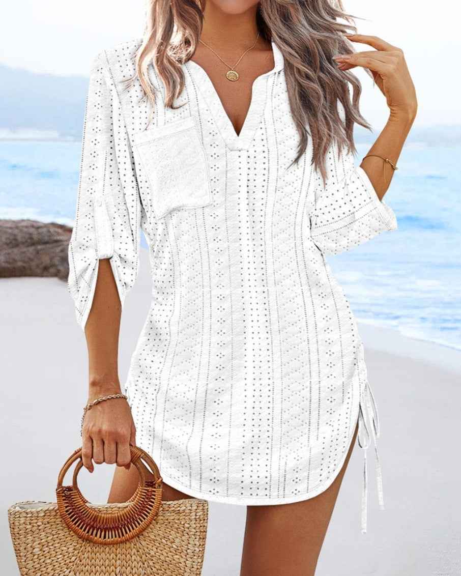 Womens Solid-Color Hollowed-Out Side-Pleated Tie-Detail Dress - VEX CLUB HOUSE