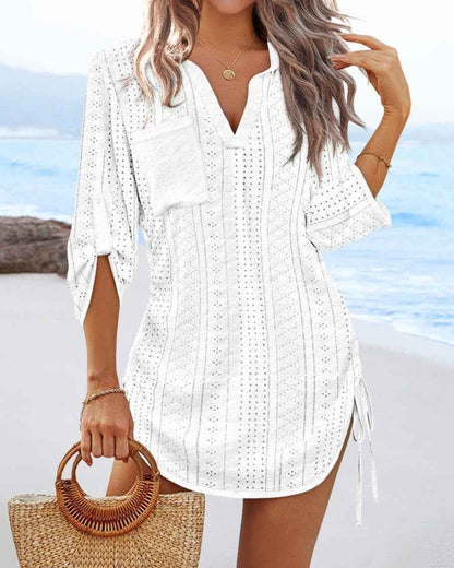 Womens Solid-Color Hollowed-Out Side-Pleated Tie-Detail Dress - VEX CLUB HOUSE