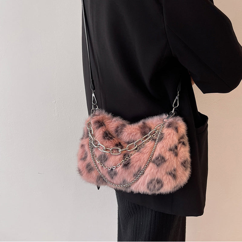 Winter Plush Bags Chain Shoulder Bag Women Flowers Print Handbags - VEX CLUB HOUSE