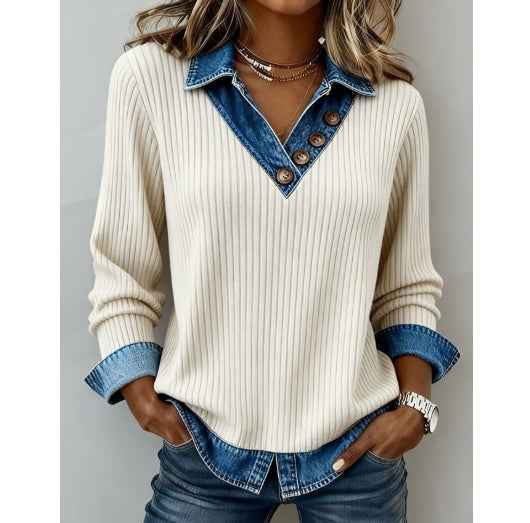 Womens Denim-Trim Patchwork Mock Two-Piece V-Neck Long-Sleeve Casual Top - VEX CLUB HOUSE