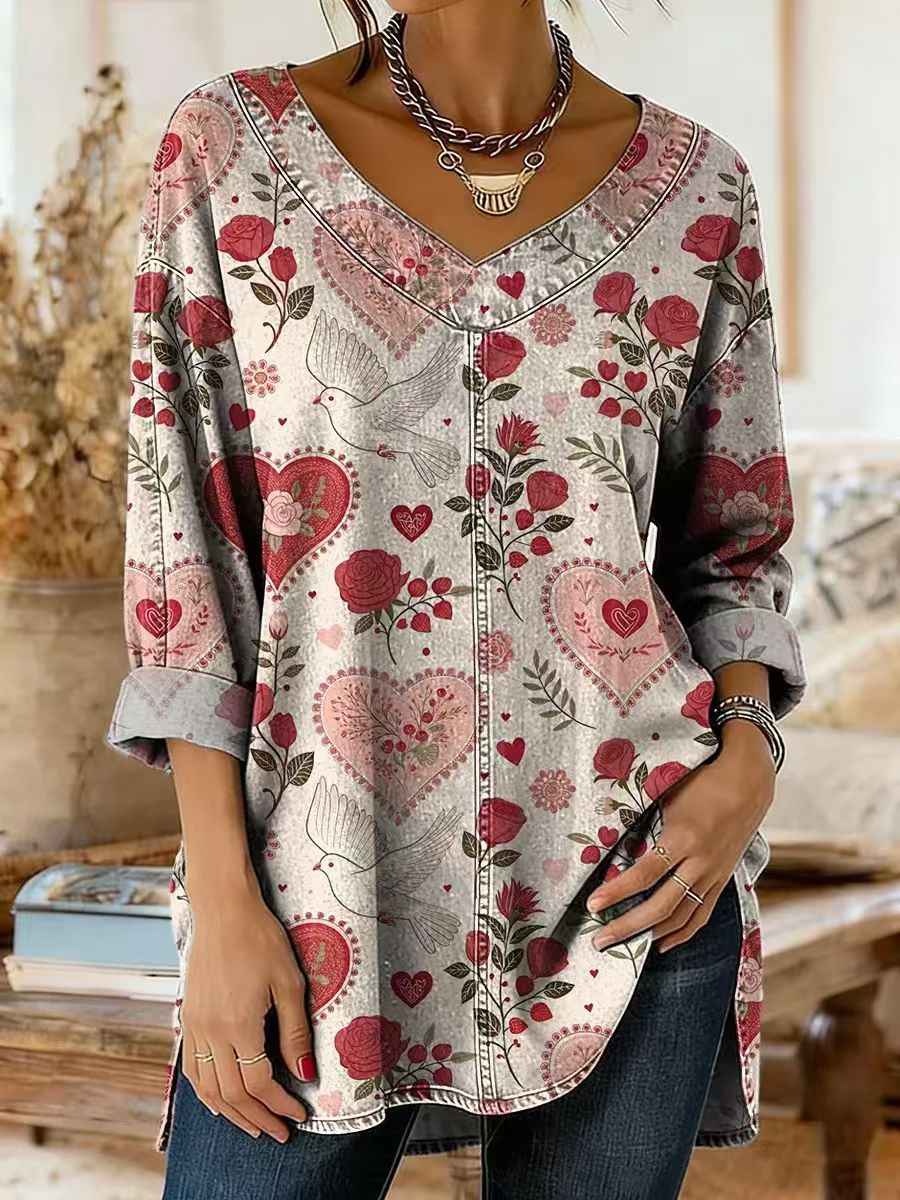 Retro Botanical Print Relaxed-fit Long-sleeve Casual Top - VEX CLUB HOUSE