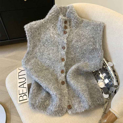 Korean-style Refined High-neck Single-breasted Solid Color Knitted Vest - VEX CLUB HOUSE