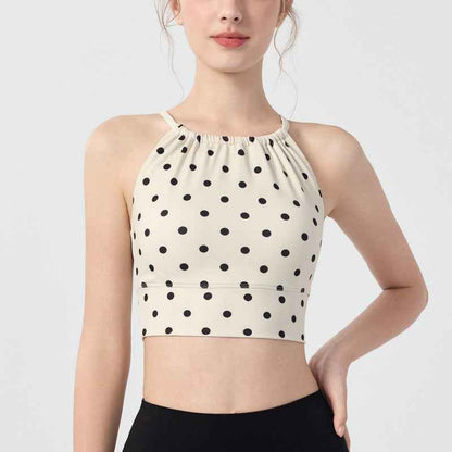 Womens Polka-Dot Plaid Printed Halterneck Tank Top With Cross-Over Design - VEX CLUB HOUSE