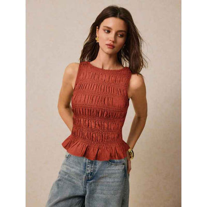 Womens Solid-Color Pleated Crew-Neck Casual Tank Top - VEX CLUB HOUSE