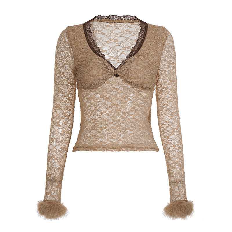 Soft-style Twist V-neck Lace Base Top Sexy, Figure-hugging Sweater With Fluffy Fabric Accents For A Sassy Look - VEX CLUB HOUSE