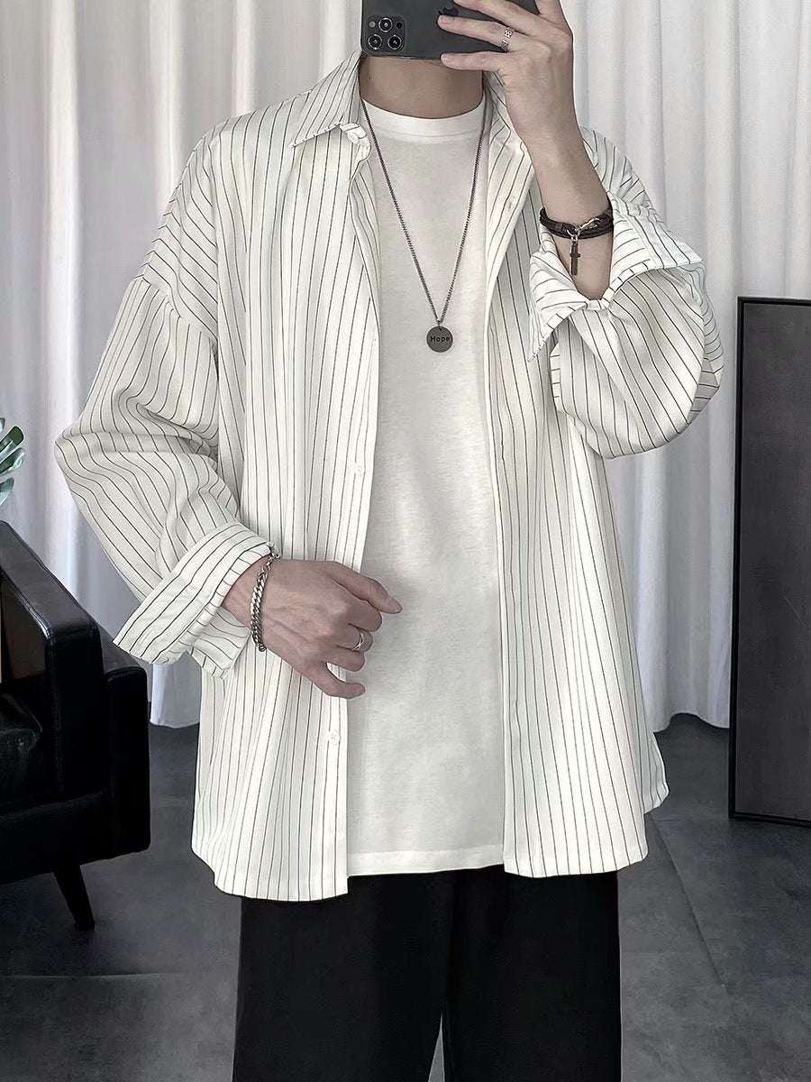 Striped White Shirt Men's Shirt Long Sleeve Casual - VEX CLUB HOUSE