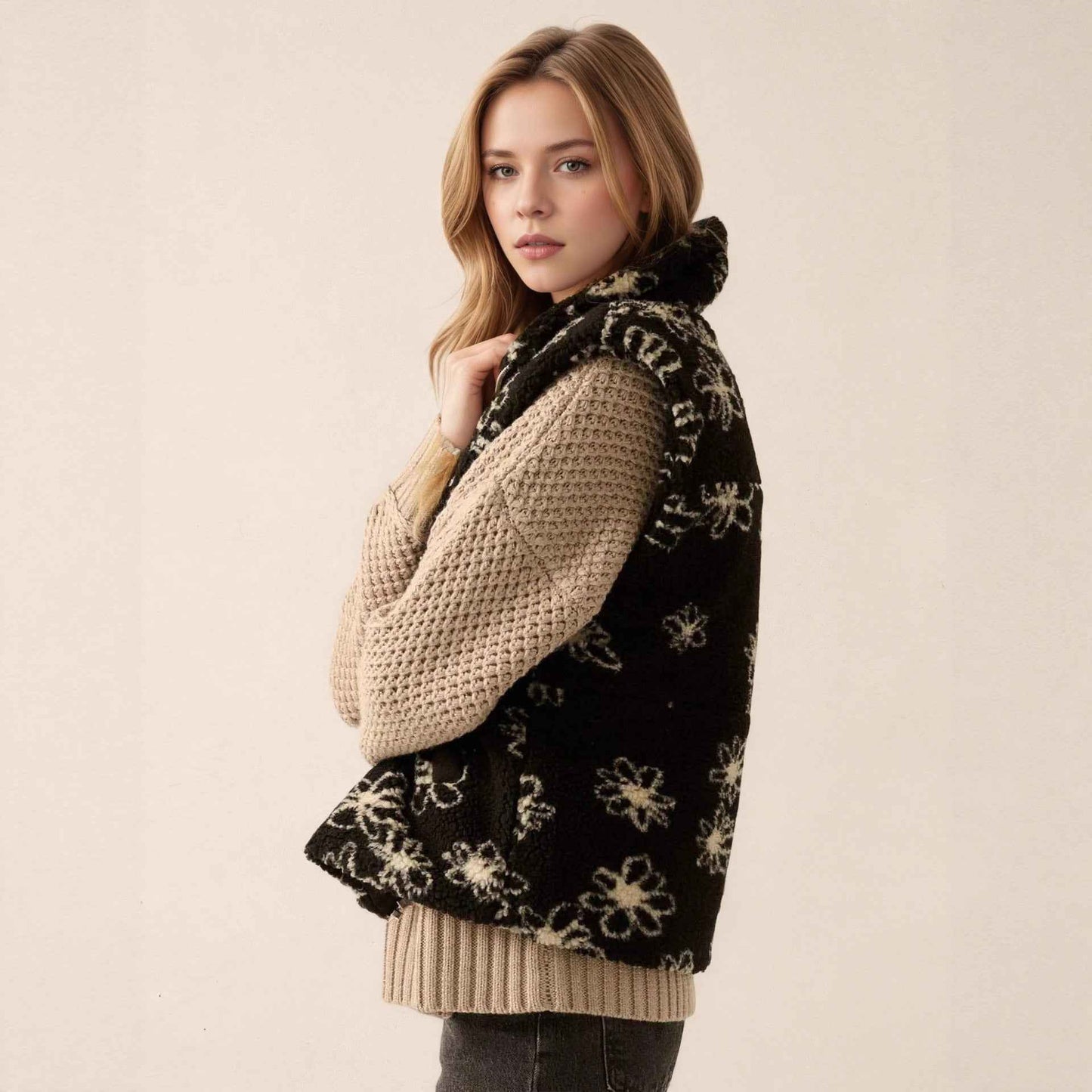Fashion Polo Collar Flower Print Lamb Wool Vest - VEX CLUB HOUSE