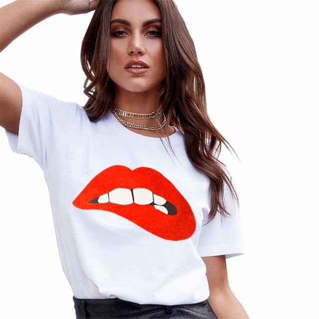 Casual Red Lip Print Ladies Short-sleeved Top T-shirt - VEX CLUB HOUSE