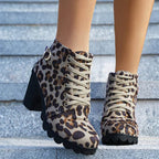 Fashoin Leopard Print Ankle Square Heel Suede Lace-up Zip Boots Women Casual Versatile Shoes Autumn And Winter - VEX CLUB HOUSE