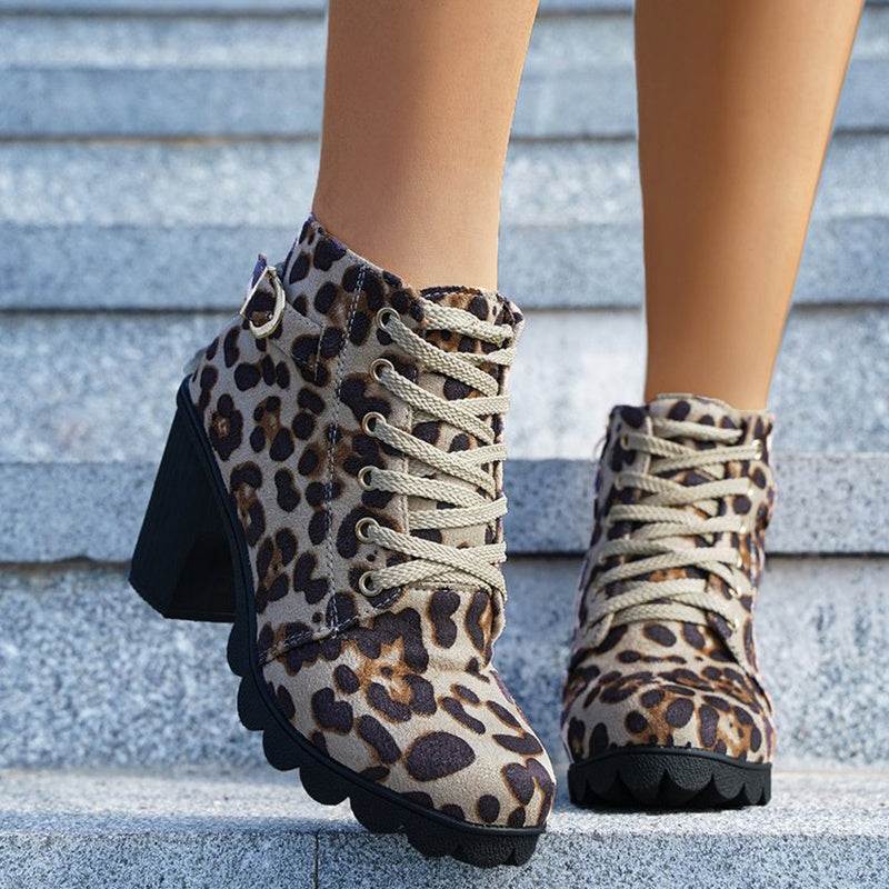 Fashoin Leopard Print Ankle Square Heel Suede Lace-up Zip Boots Women Casual Versatile Shoes Autumn And Winter - VEX CLUB HOUSE