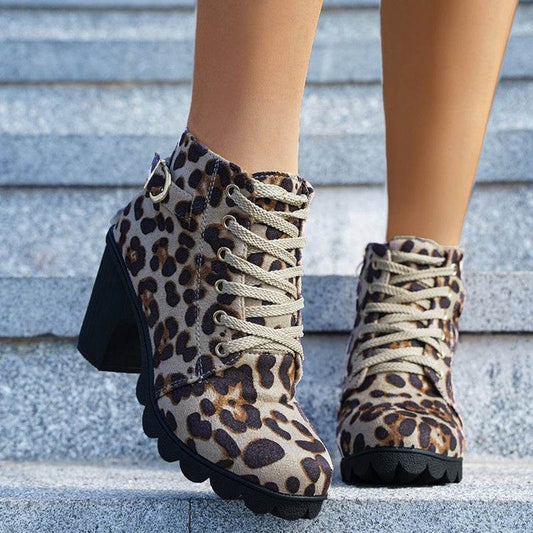 Fashoin Leopard Print Ankle Square Heel Suede Lace-up Zip Boots Women Casual Versatile Shoes Autumn And Winter - VEX CLUB HOUSE