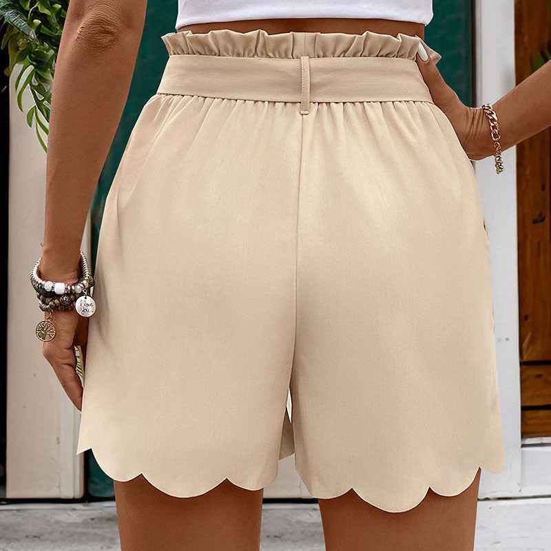 Lace-up Scalloped Solid Color Shorts For Women - VEX CLUB HOUSE