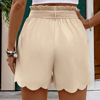 Lace-up Scalloped Solid Color Shorts For Women - VEX CLUB HOUSE