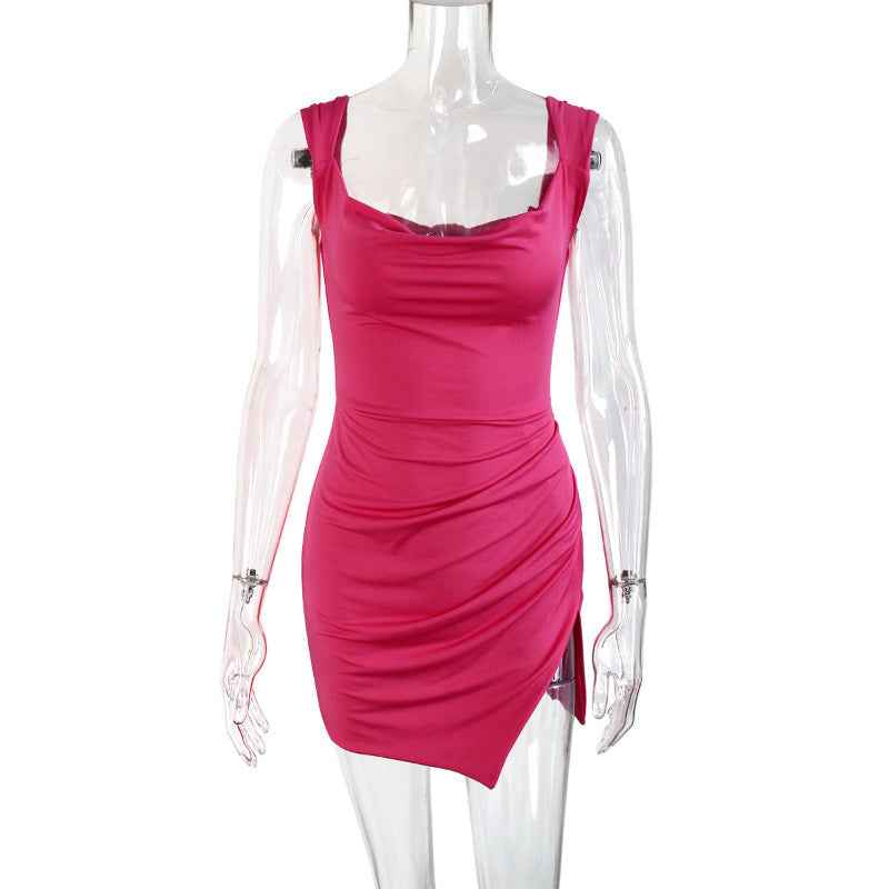 Womens Low-cut Dress European And American Style Summer Short Sleeves Open Back Side Slit - VEX CLUB HOUSE
