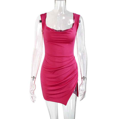 Womens Low-cut Dress European And American Style Summer Short Sleeves Open Back Side Slit - VEX CLUB HOUSE