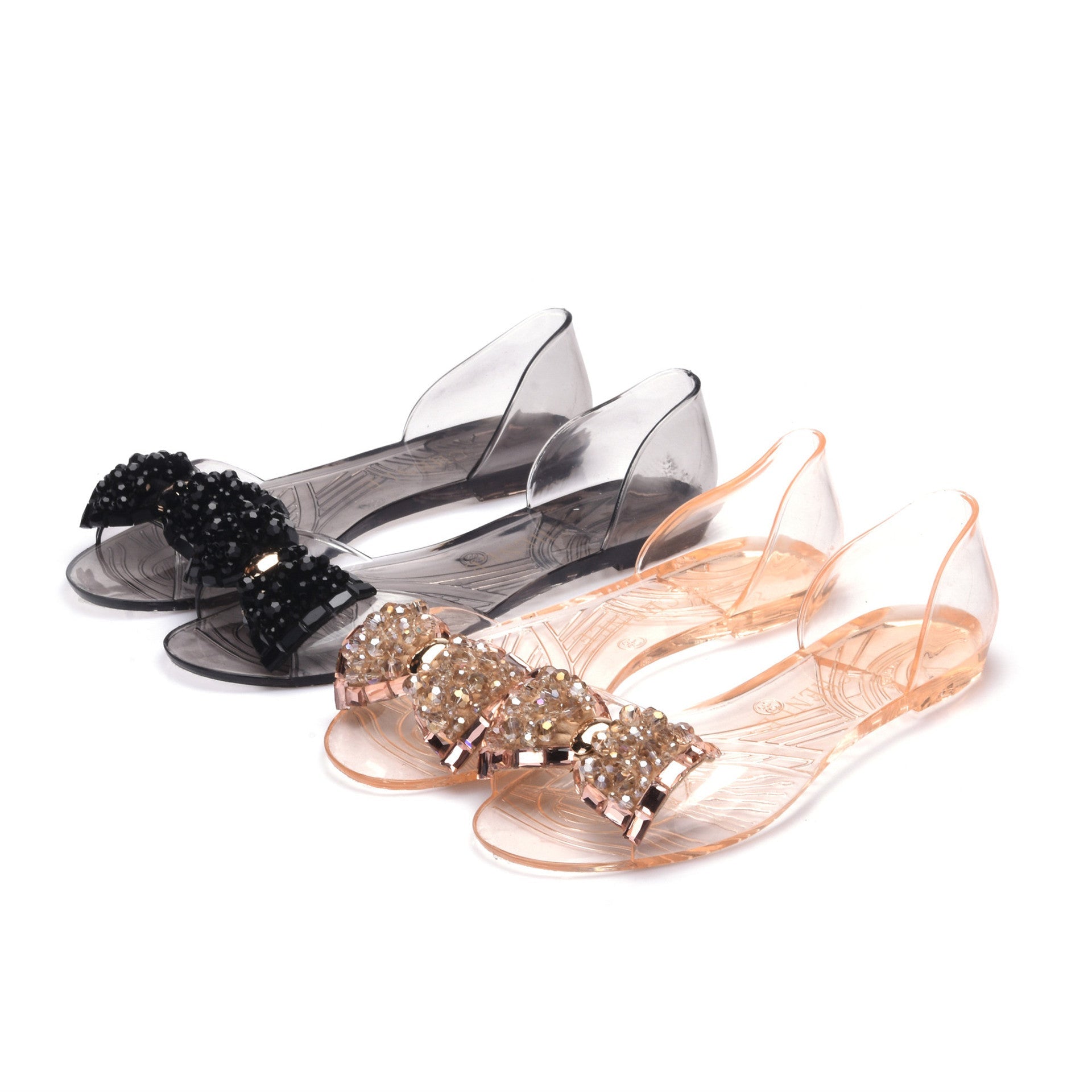 Heli Shark New Transparent Sandals Women's Summer Flat Jelly Shoes Glass Drill Bow Fashion Shoes Plastic Peep Toe Shoes - VEX CLUB HOUSE