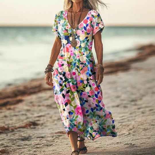Womens Floral V-Neck Short-Sleeve Dress - VEX CLUB HOUSE