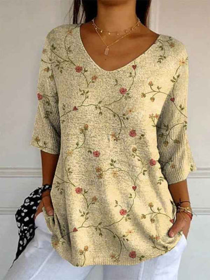 Elegant Retro Womens Casual Floral Print V-Neck Long-Sleeve Top - VEX CLUB HOUSE