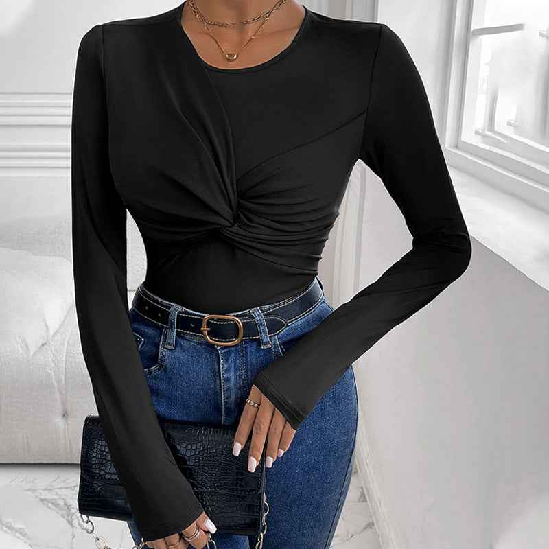 Womens Solid Color Minimalism Black Twist-Collar Bodysuit - VEX CLUB HOUSE
