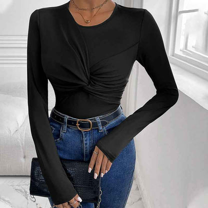 Womens Solid Color Minimalism Black Twist-Collar Bodysuit - VEX CLUB HOUSE