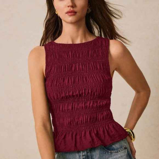 Womens Solid-Color Pleated Crew-Neck Casual Tank Top - VEX CLUB HOUSE