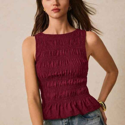 Womens Solid-Color Pleated Crew-Neck Casual Tank Top - VEX CLUB HOUSE