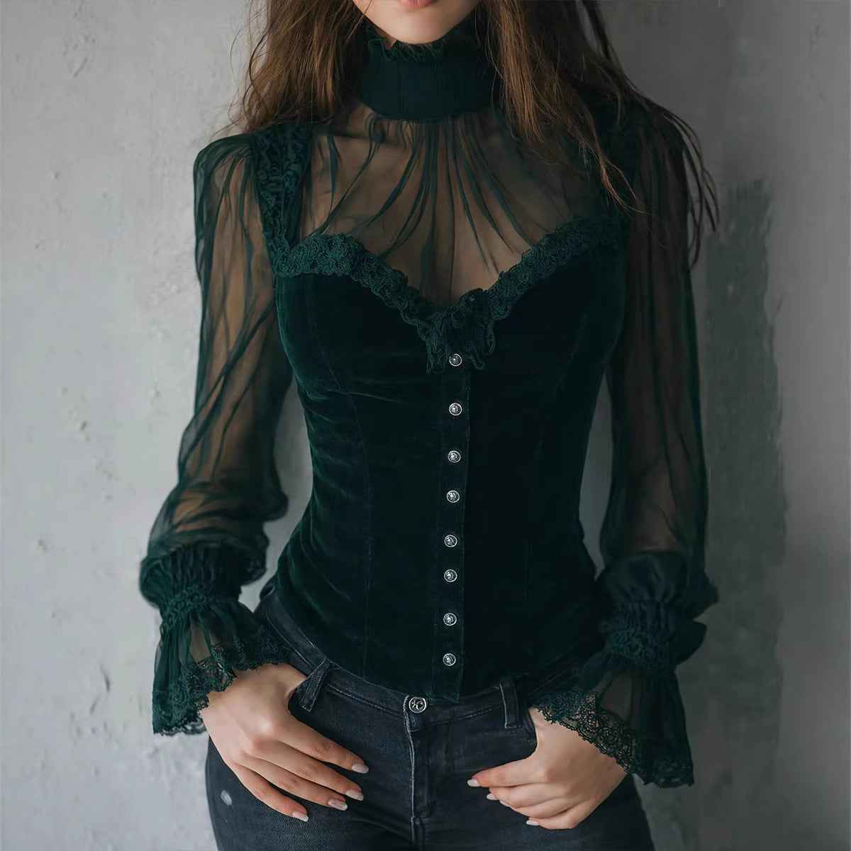 Mesh-panel Black Lace Top With Hollow-out Floral Trim - VEX CLUB HOUSE