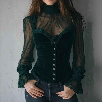 Mesh-panel Black Lace Top With Hollow-out Floral Trim - VEX CLUB HOUSE