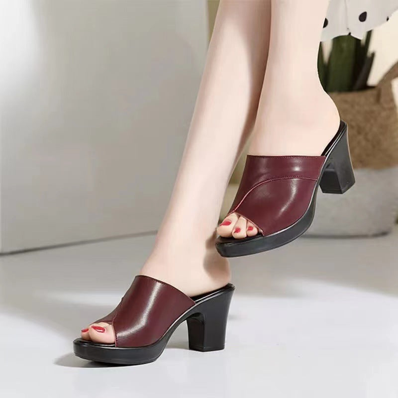 Heel Soft Leather Slip-resistant Thick Sole Peep-toe Sandals For Women - VEX CLUB HOUSE