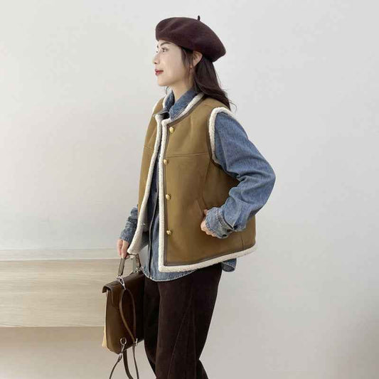 Retro Crew Neck Short Leather And Fur Vest - VEX CLUB HOUSE