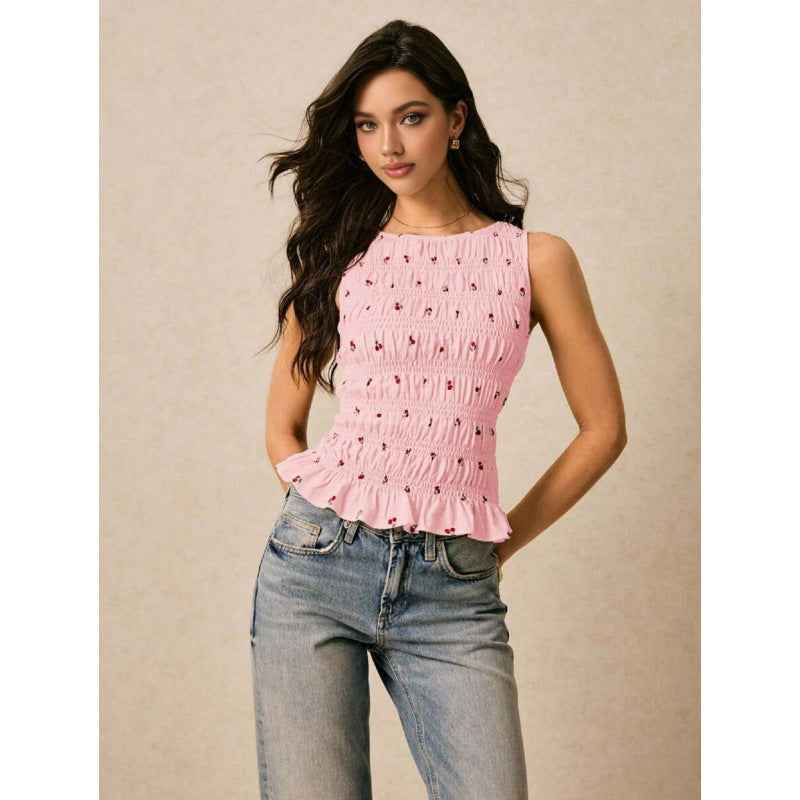 Womens Solid-Color Pleated Crew-Neck Casual Tank Top - VEX CLUB HOUSE